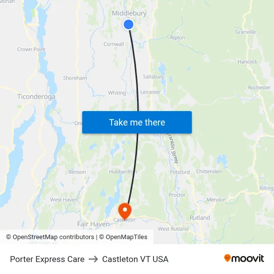 Porter Express Care to Castleton VT USA map