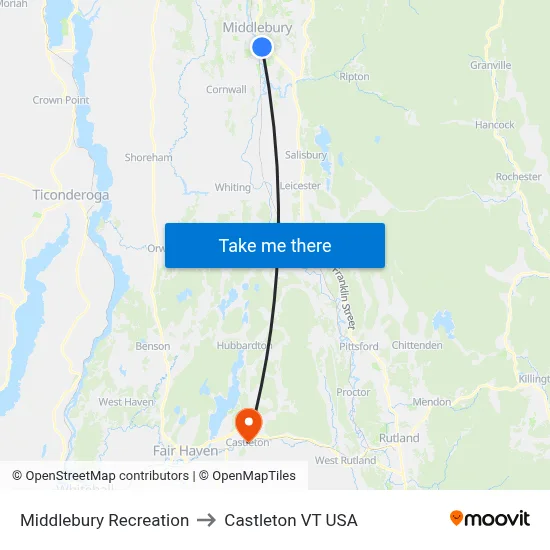 Middlebury Recreation to Castleton VT USA map