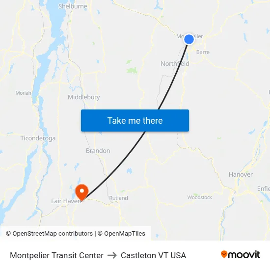 Montpelier Transit Center to Castleton VT USA map