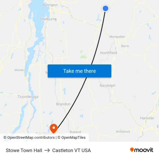 Stowe Town Hall to Castleton VT USA map