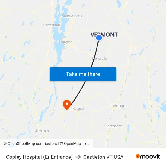 Copley Hospital (Er Entrance) to Castleton VT USA map