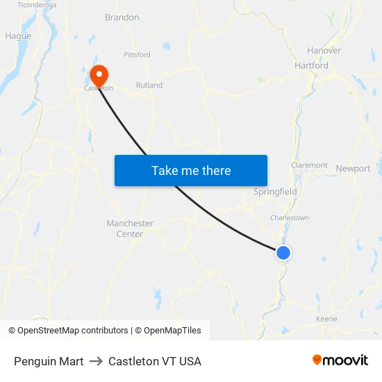 Penguin Mart to Castleton VT USA map