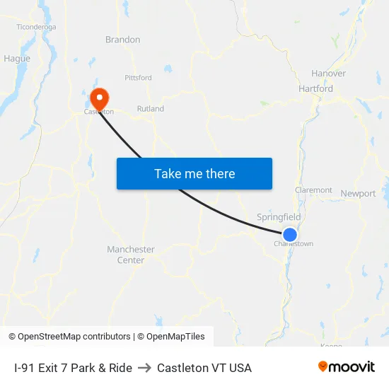 I-91 Exit 7 Park & Ride to Castleton VT USA map