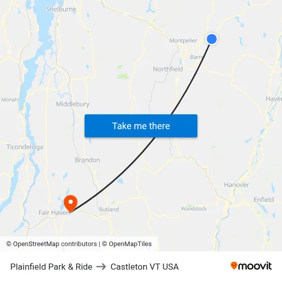 Plainfield Park & Ride to Castleton VT USA map