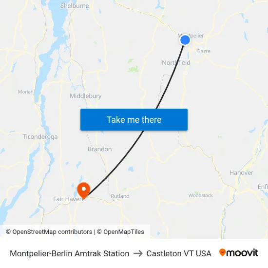 Montpelier-Berlin Amtrak Station to Castleton VT USA map