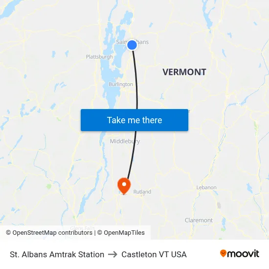 St. Albans Amtrak Station to Castleton VT USA map