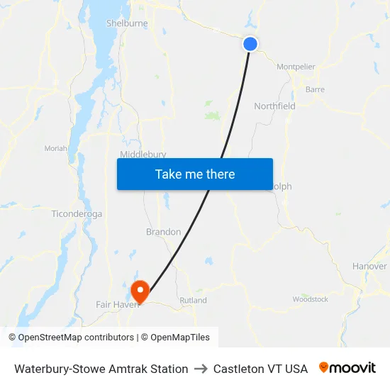 Waterbury-Stowe Amtrak Station to Castleton VT USA map