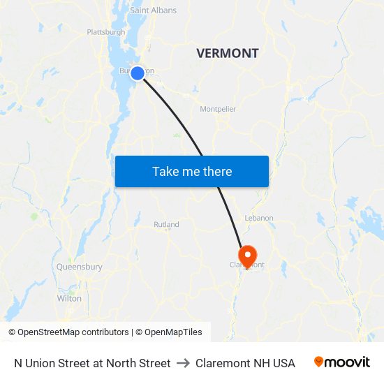 N Union Street at North Street to Claremont NH USA map