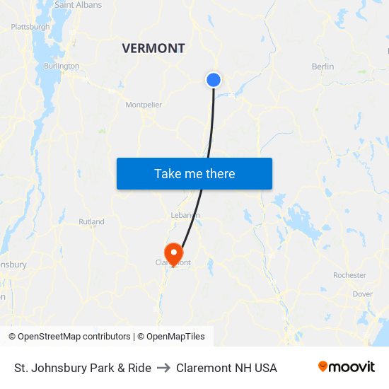 St. Johnsbury Park & Ride to Claremont NH USA map