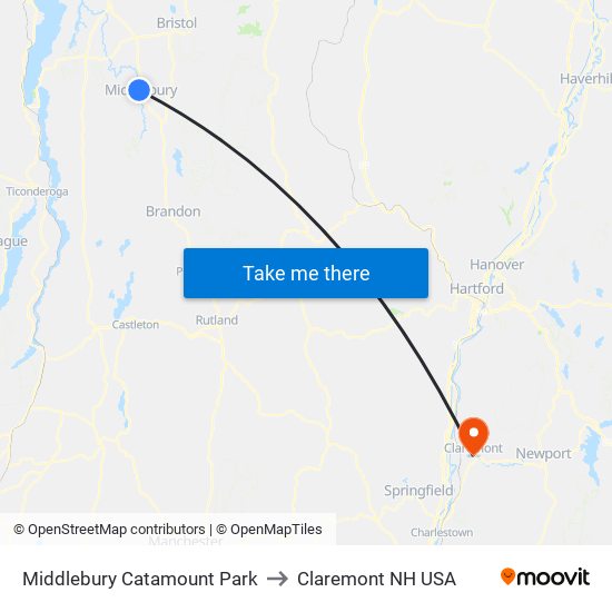 Middlebury Catamount Park to Claremont NH USA map