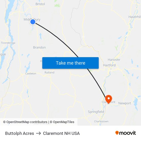 Buttolph Acres to Claremont NH USA map