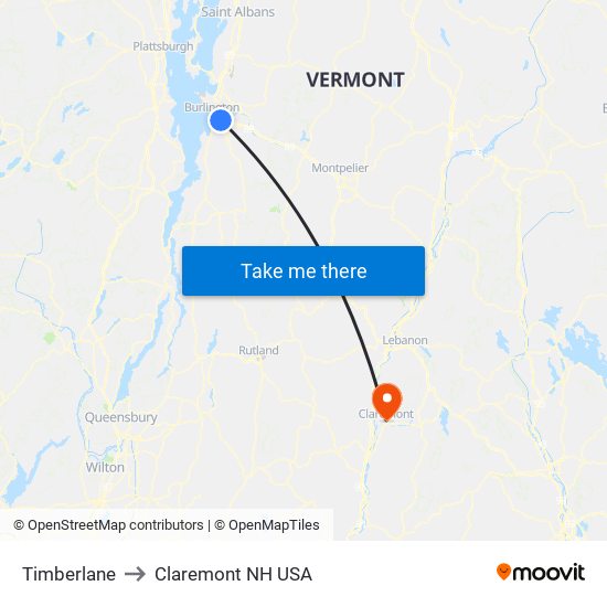 Timberlane to Claremont NH USA map