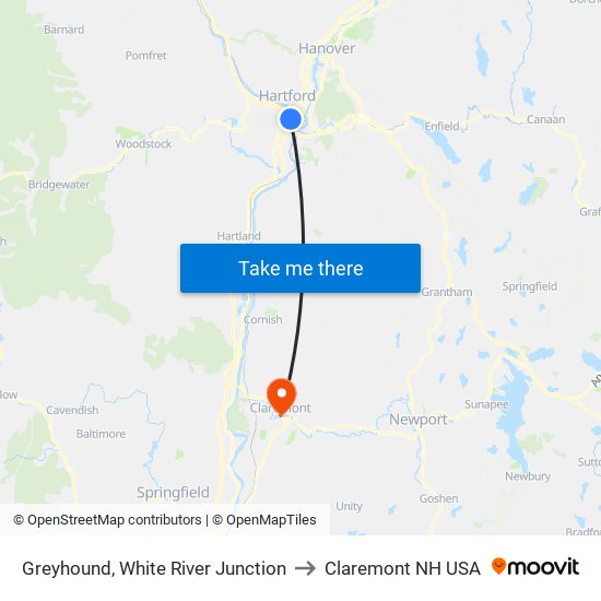 Greyhound, White River Junction to Claremont NH USA map