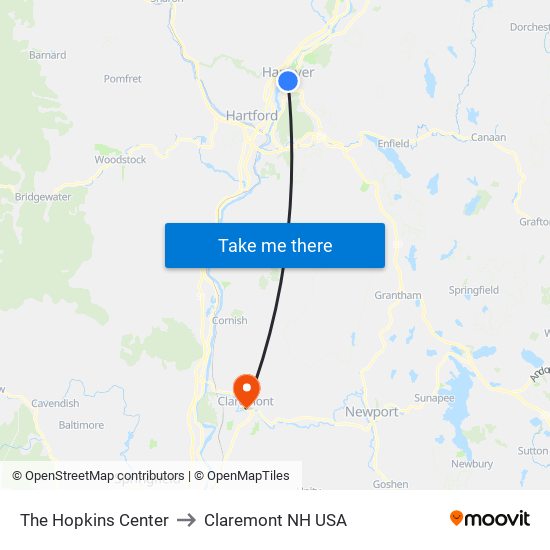 The Hopkins Center to Claremont NH USA map