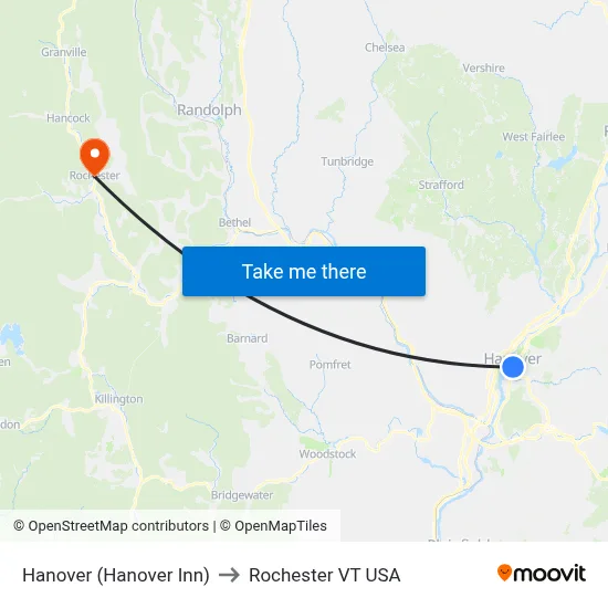 Hanover (Hanover Inn) to Rochester VT USA map