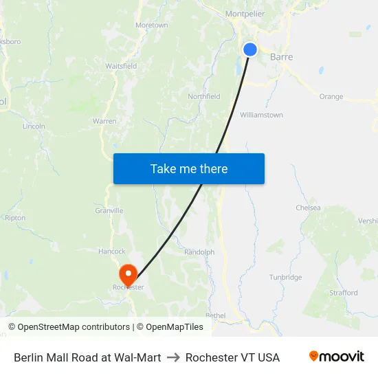 Berlin Mall Road at Wal-Mart to Rochester VT USA map