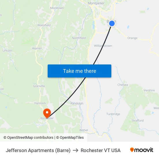 Jefferson Apartments (Barre) to Rochester VT USA map