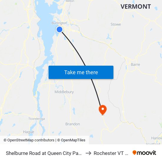 Shelburne Road at Queen City Parkway to Rochester VT USA map