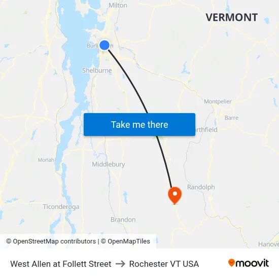 West Allen at Follett Street to Rochester VT USA map
