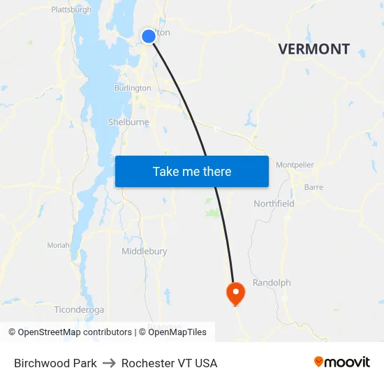 Birchwood Park to Rochester VT USA map