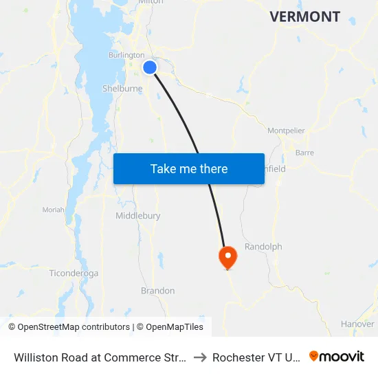 Williston Road at Commerce Street to Rochester VT USA map