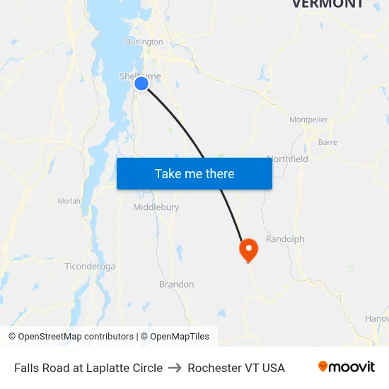 Falls Road at Laplatte Circle to Rochester VT USA map