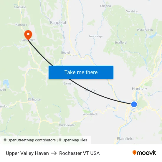 Upper Valley Haven to Rochester VT USA map