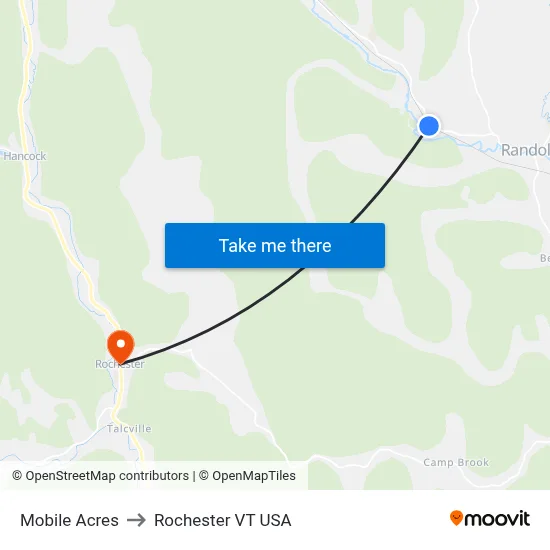 Mobile Acres to Rochester VT USA map