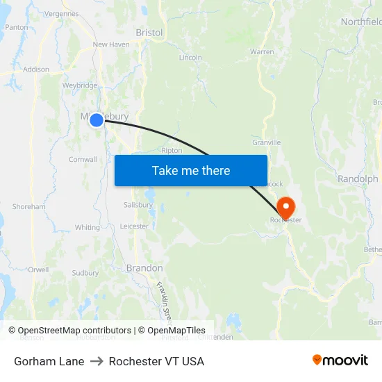 Gorham Lane to Rochester VT USA map