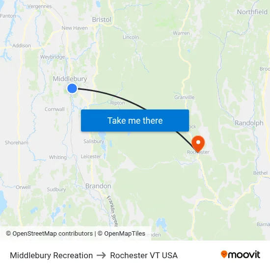 Middlebury Recreation to Rochester VT USA map