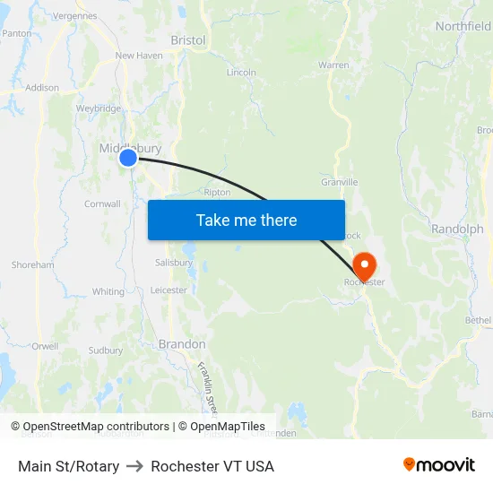 Main St/Rotary to Rochester VT USA map