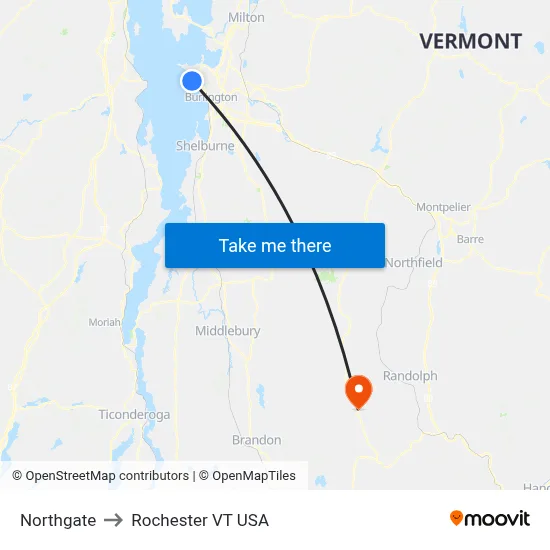 Northgate to Rochester VT USA map