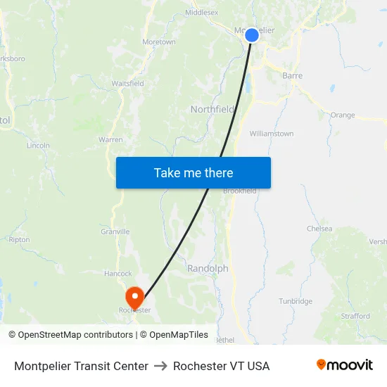 Montpelier Transit Center to Rochester VT USA map