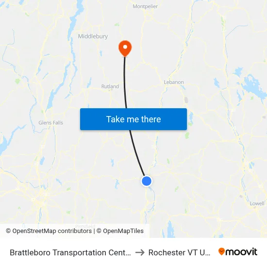 Brattleboro Transportation Center to Rochester VT USA map