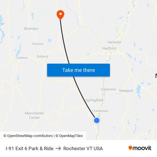 I-91 Exit 6 Park & Ride to Rochester VT USA map