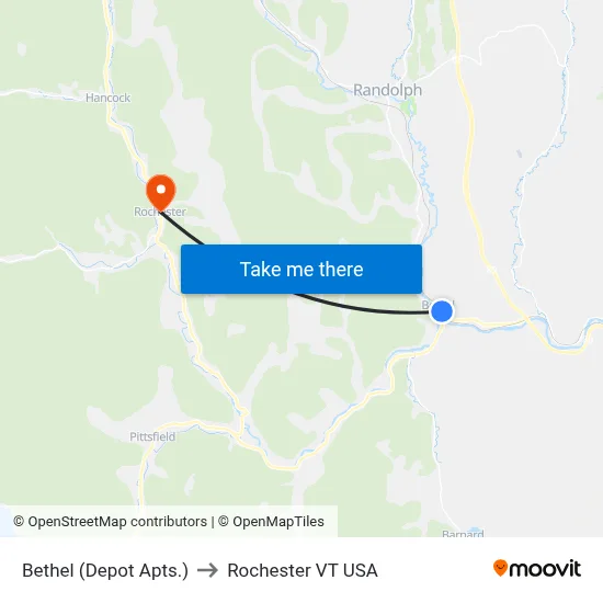Bethel (Depot Apts.) to Rochester VT USA map