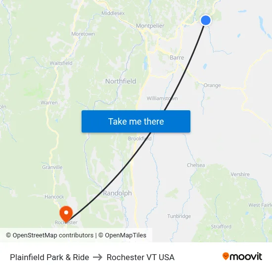 Plainfield Park & Ride to Rochester VT USA map