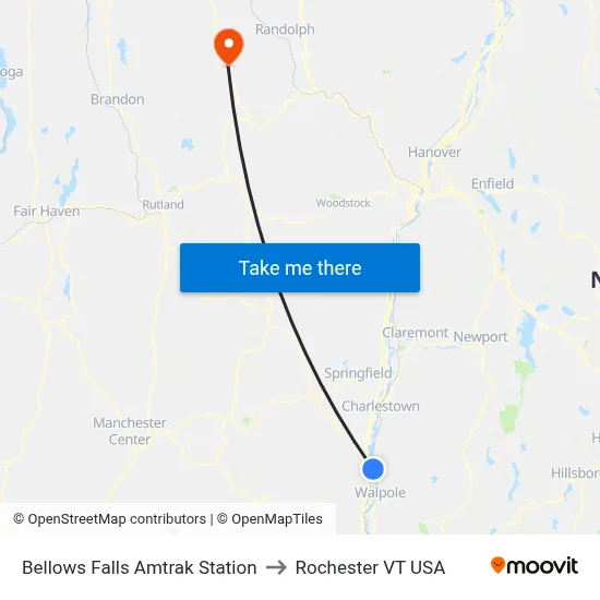 Bellows Falls Amtrak Station to Rochester VT USA map