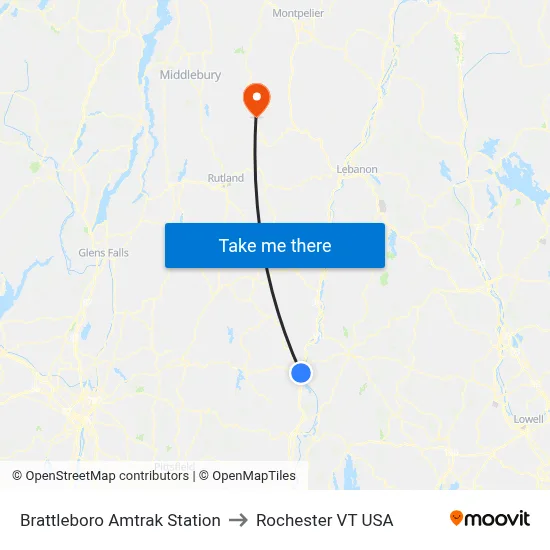 Brattleboro Amtrak Station to Rochester VT USA map