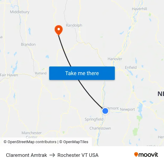 Claremont Amtrak to Rochester VT USA map