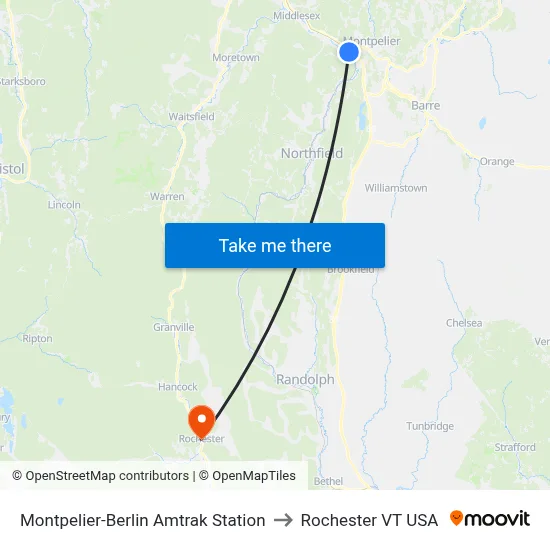 Montpelier-Berlin Amtrak Station to Rochester VT USA map