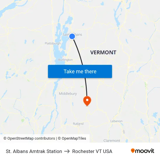 St. Albans Amtrak Station to Rochester VT USA map