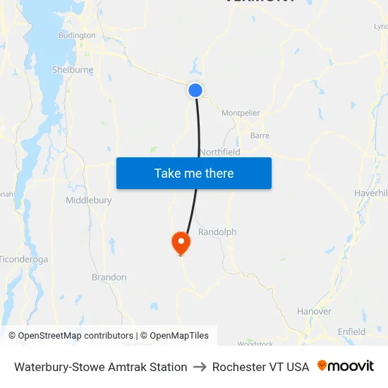 Waterbury-Stowe Amtrak Station to Rochester VT USA map