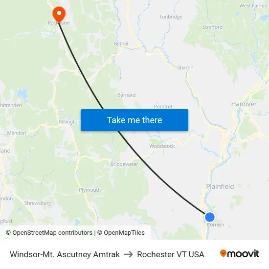 Windsor-Mt. Ascutney Amtrak to Rochester VT USA map