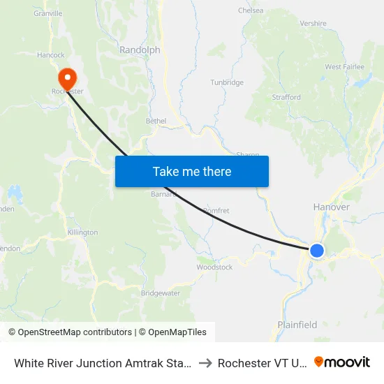 White River Junction Amtrak Station to Rochester VT USA map