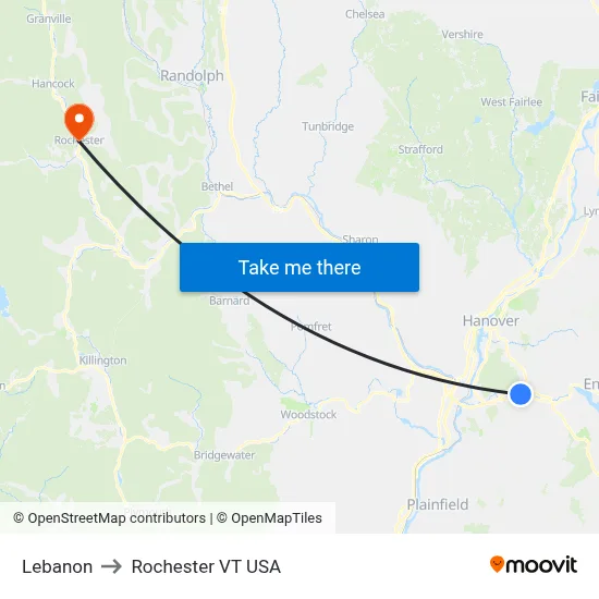 Lebanon to Rochester VT USA map