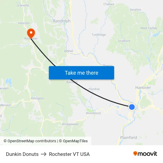 Dunkin Donuts to Rochester VT USA map