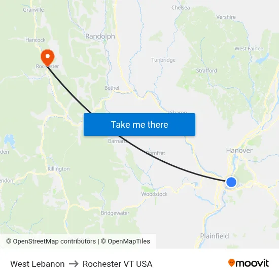 West Lebanon to Rochester VT USA map