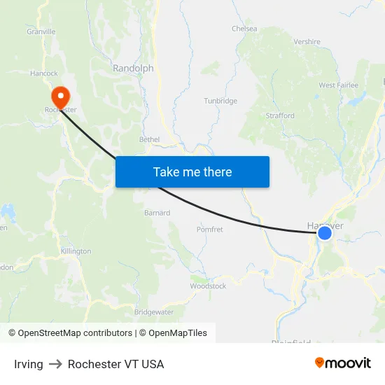 Irving to Rochester VT USA map