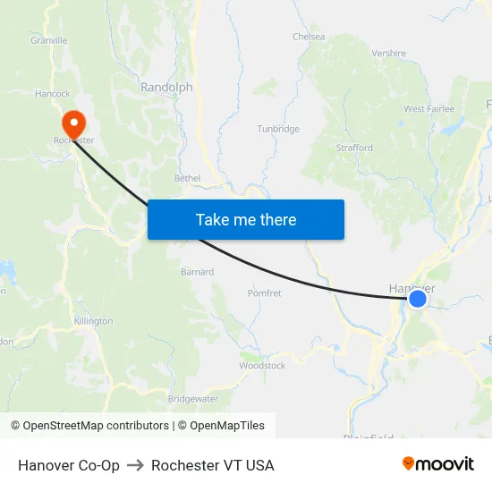 Hanover Co-Op to Rochester VT USA map